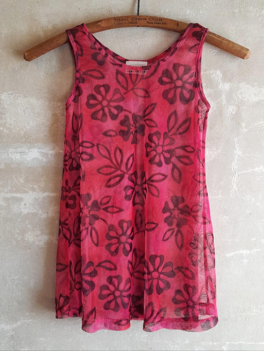 542a. pink vintage Bermuda Beachwear floral sheer mesh beach coverup, XS